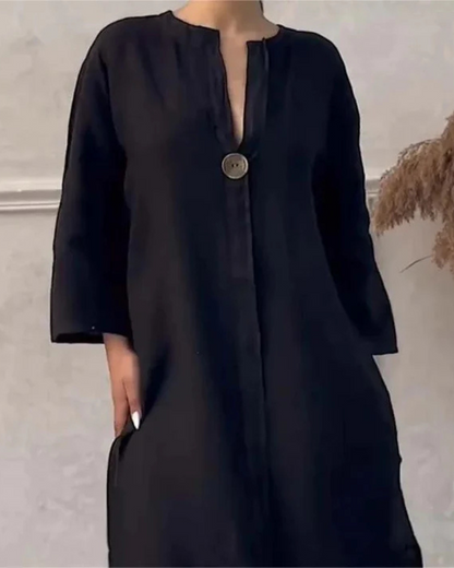 Vestido casual de linho respirável com decote em V