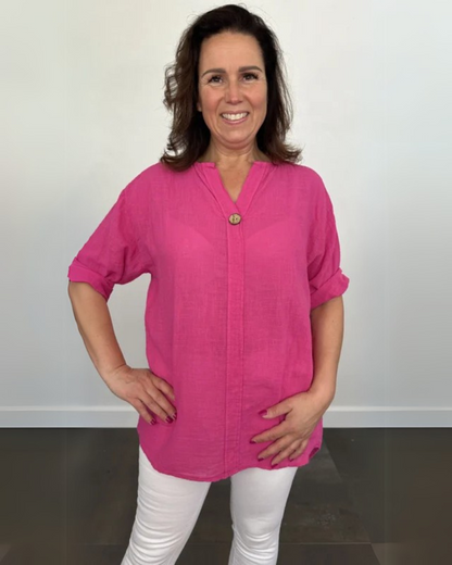 Camisa de Linho Texturizado com Mangas Ajustáveis Estilo Casual e Fresco