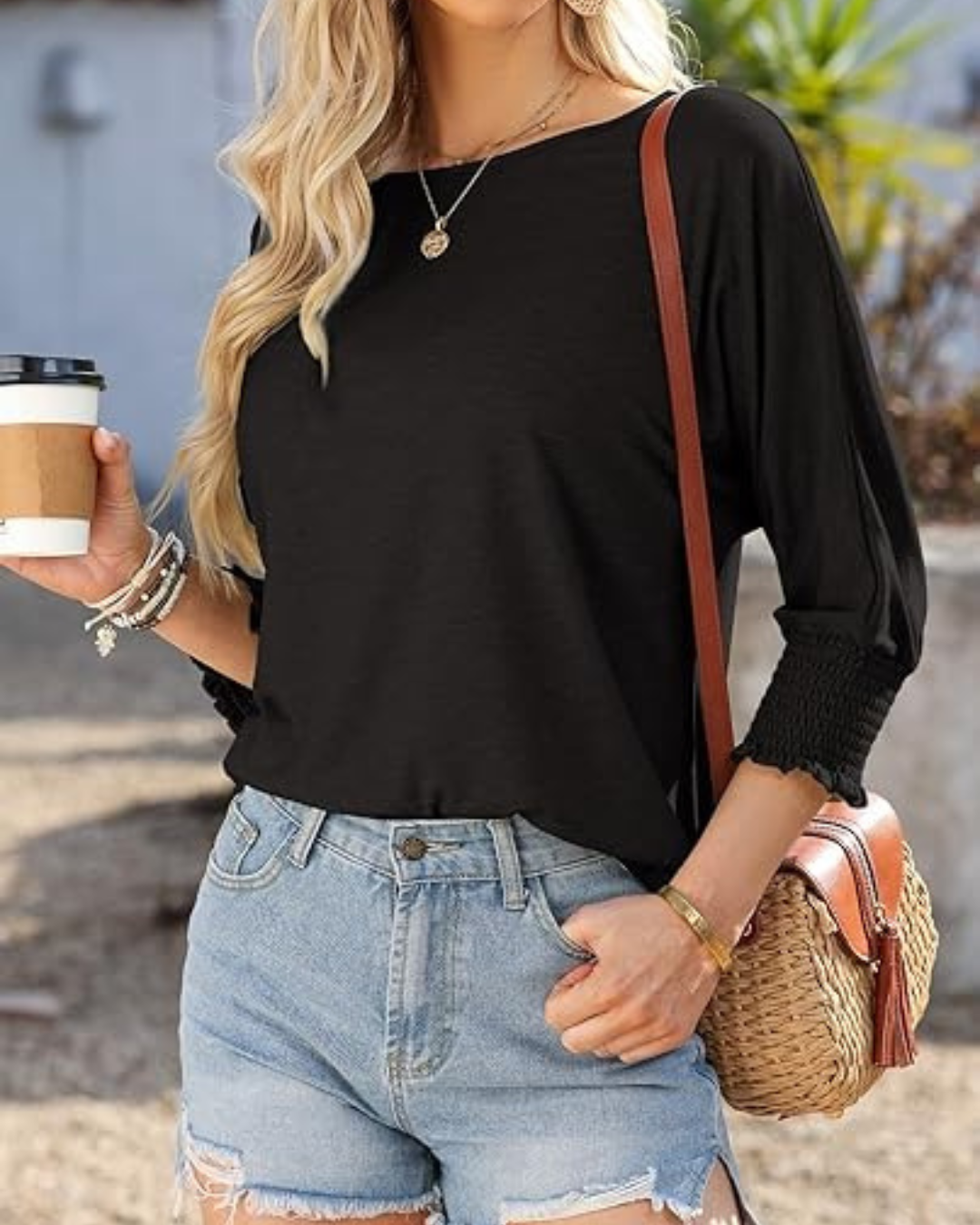 Blusa Casual de Manga 3/4 com Punhos com Folhos para Mulher