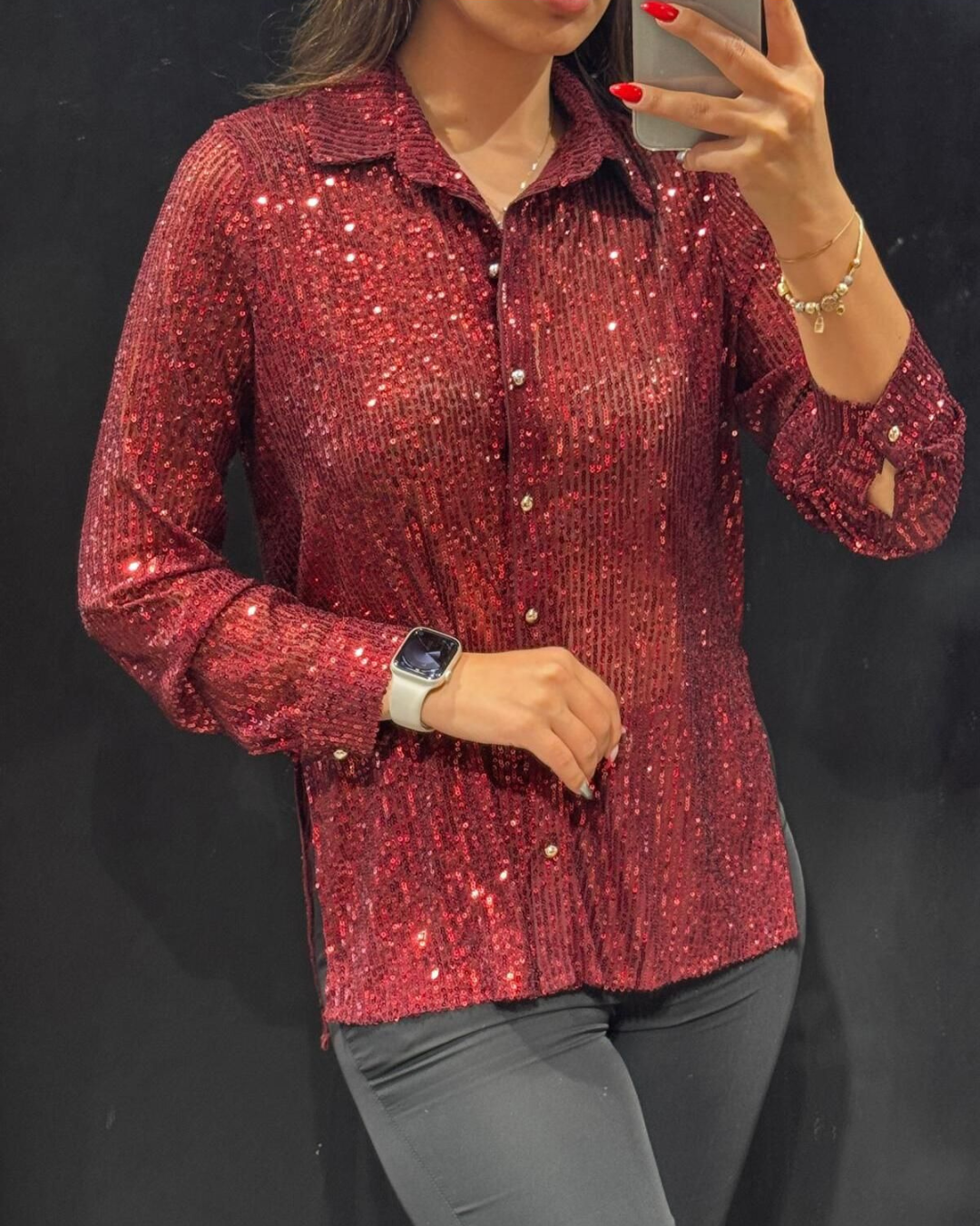 Camisa Casual de Manga Comprida com Lantejoulas e Gola Virada para Baixo