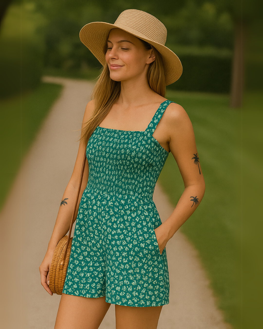 Macacão curto casual sem mangas e com decote quadrada para mulher