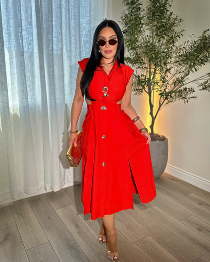 Vestido elegante sem mangas com botões decorativos