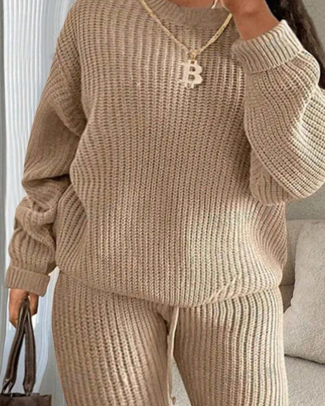 Conjunto Casual de Camisola de Manga Comprida com Gola Redonda e Calças Unicolores