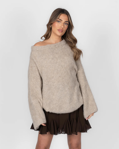 Camisola de malha ultra macia com ombros descobertos para mulher