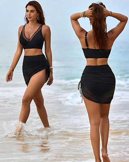 Biquíni de Cintura Alta com Controlo da Barriga e Tanga de Malha a Condizer para Estilo e Cobertura