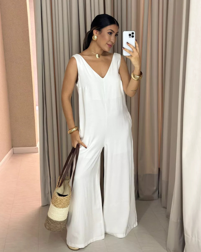 Macacão Casual de Cor Lisa com Decote em V para Mulher