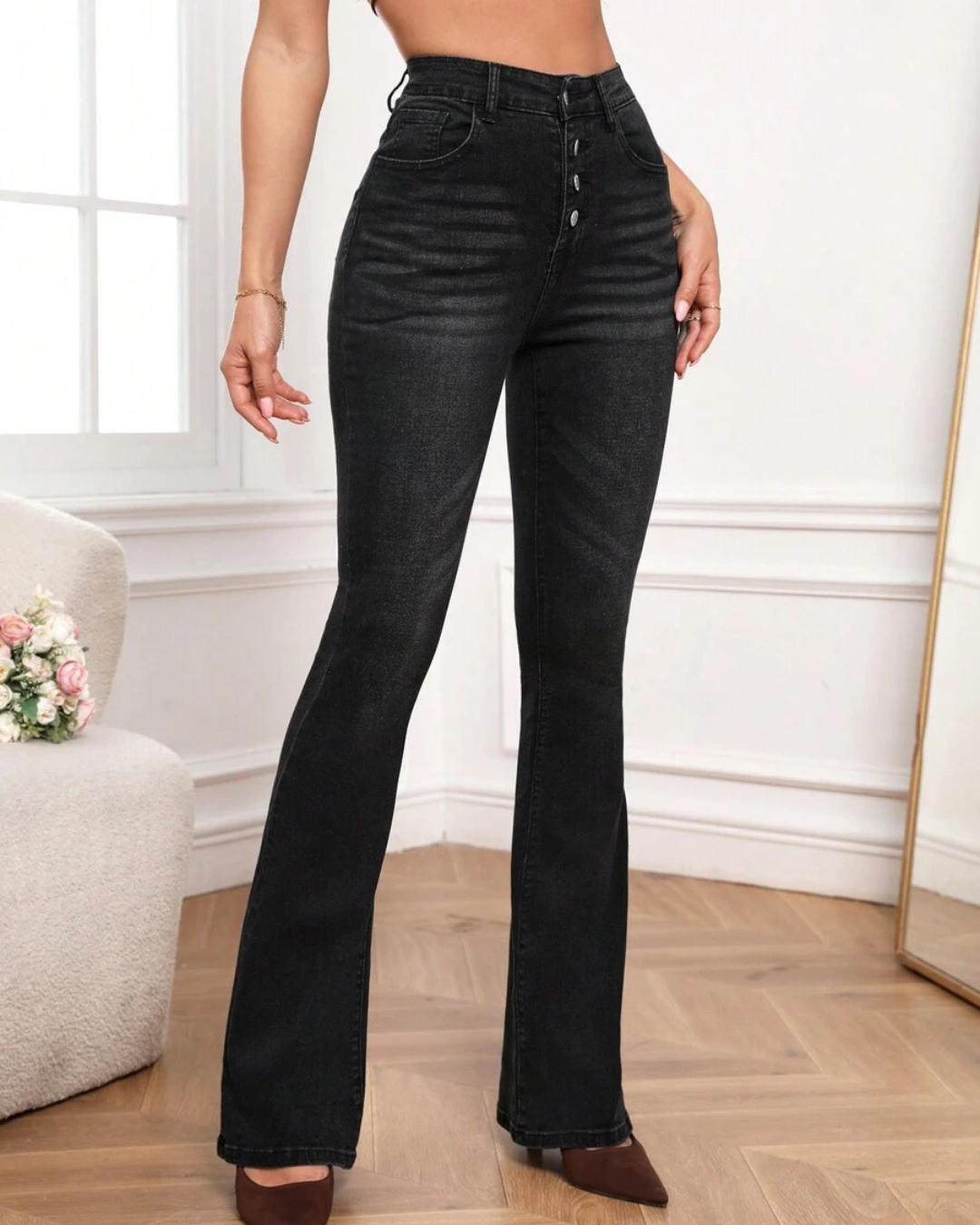 Calças de Cintura Alta em Bico com Bolsos para Mulher