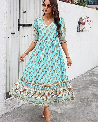 Vestido comprido e solto com mangas e decote em V