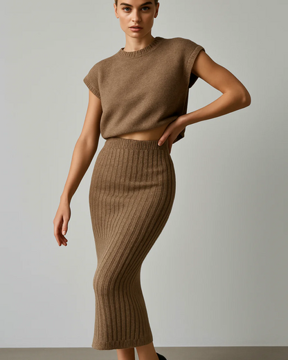 Conjunto de top sem mangas e saia longa justa para mulher