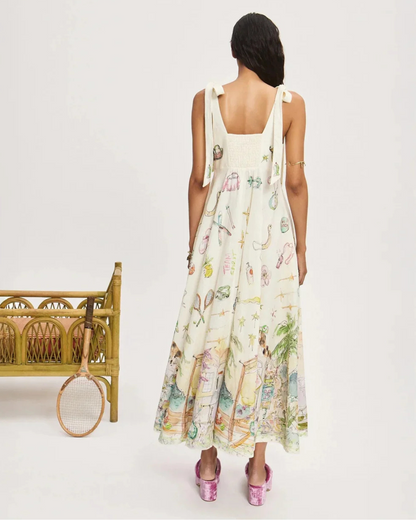 Vestido comprido com folhos e pormenor de laço com estampado de ballet