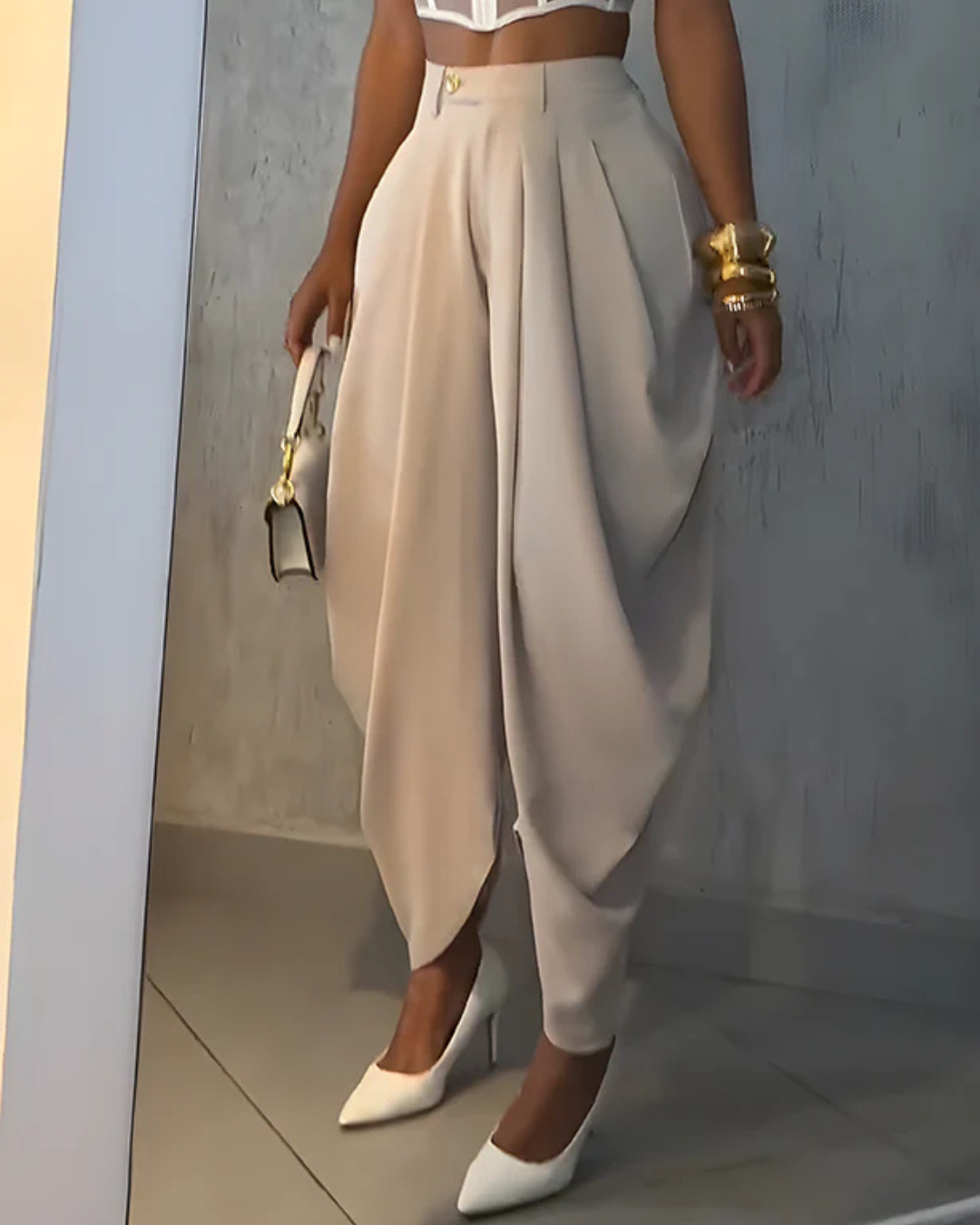 Calças casuais com cintura alta e franzido solto para mulher