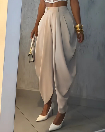 Calças casuais com cintura alta e franzido solto para mulher