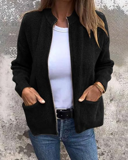 Casaco Curto de Malha Grossa para Mulher com Fecho de Correr e Corte Descontraído