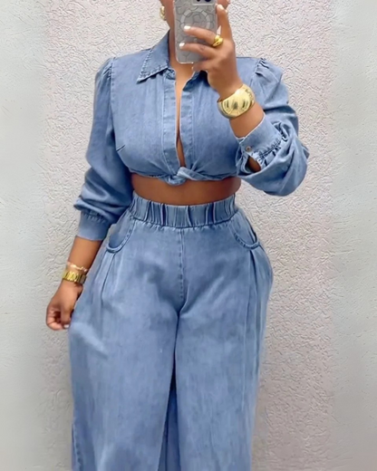 Conjunto formal feminino com top de manga comprida e calças largas