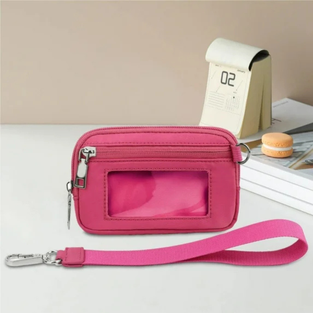 Mini carteira de nylon com janela de identificação e fecho de correr