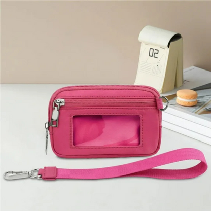 Mini carteira de nylon com janela de identificação e fecho de correr