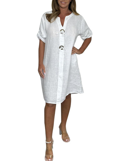 Vestido de linho com mangas compridas e botões elegantes