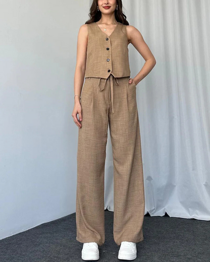 Conjunto de duas peças de colete e calças com cintura ajustável