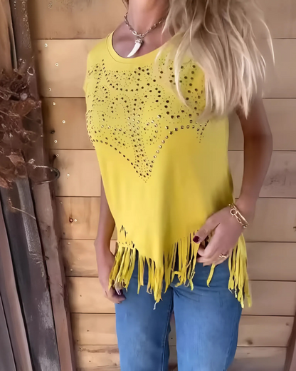 Blusa de algodão para mulher com bainha de borlas e borlas