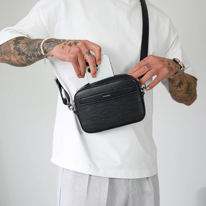 Bolsa de ombro em couro sintético com bolso frontal para homem