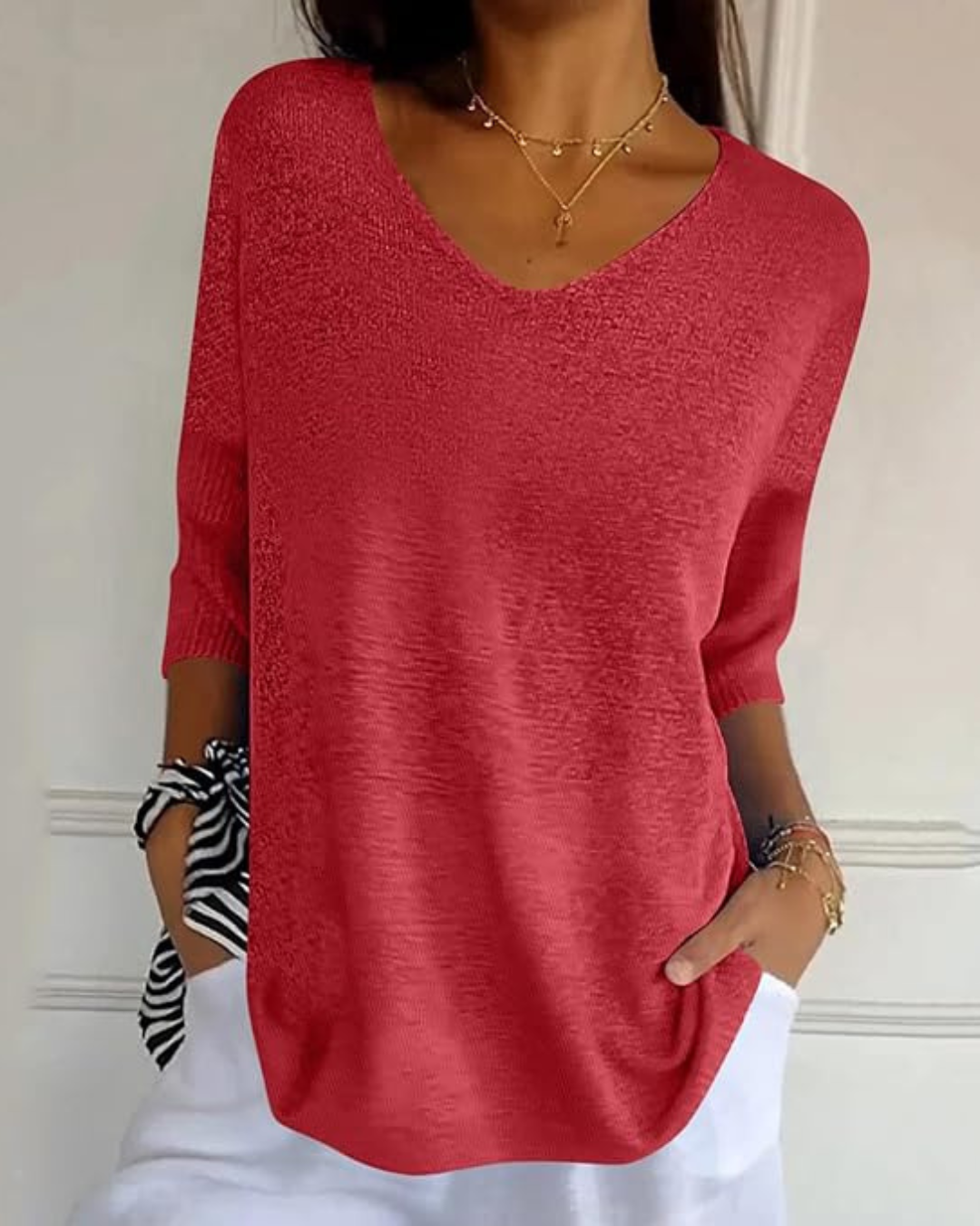 Blusa de Malha Leve de Manga Francesa com Decote em V para Mulher