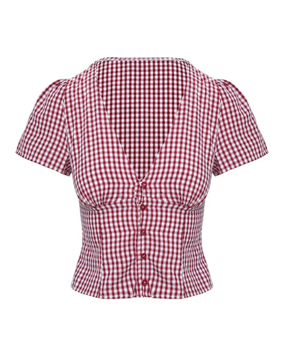 Blusa de Tartã com Decote em V e Mangas Curtas e Bufantes