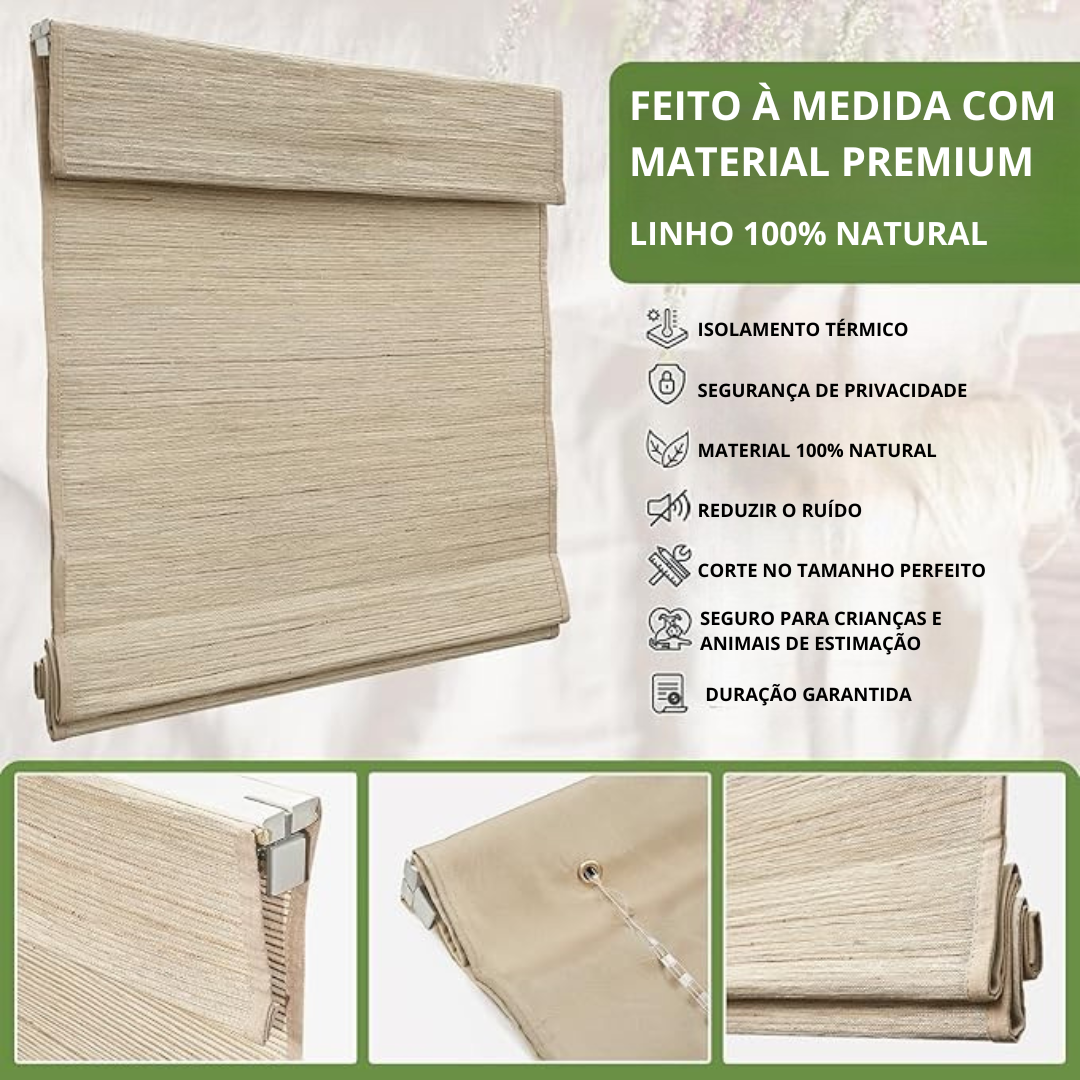 Persianas Romanas Sem Fios e Sem Ferramentas em Linho e Bambu  (Dimensões 254 cm de comprimento x 254 cm de largura)