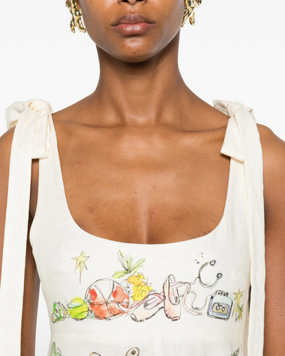 Vestido comprido com folhos e pormenor de laço com estampado de ballet