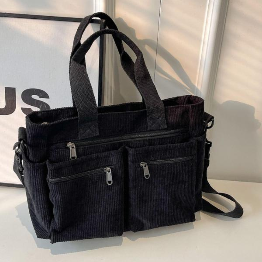 Bolsa de Bombazina com Vários Compartimentos e Design Casual, Ideal para o Dia a Dia e para Viagens.