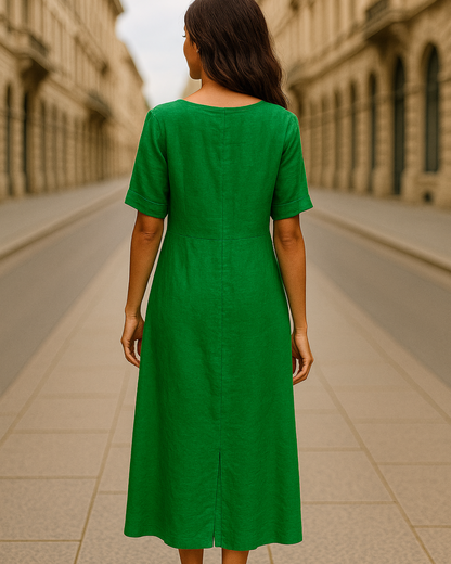 Vestido de Linho com Botões Laterais e Abertura Sofisticada