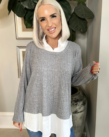 Blusa de Duas Peças com Lapela e Mangas Compridas com Remendos Casuais