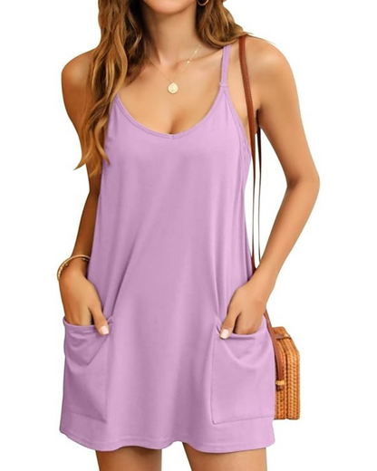 Minivestido Feminino sem Mangas com Calções Incorporados e Decote em V para Mulher