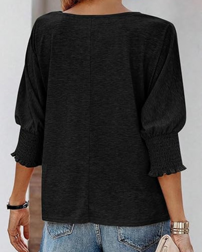 Blusa Casual de Manga 3/4 com Punhos com Folhos para Mulher