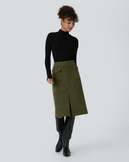 Saia Casual de Bombazina para Mulher com Bolsos e Aba Lateral à Frente