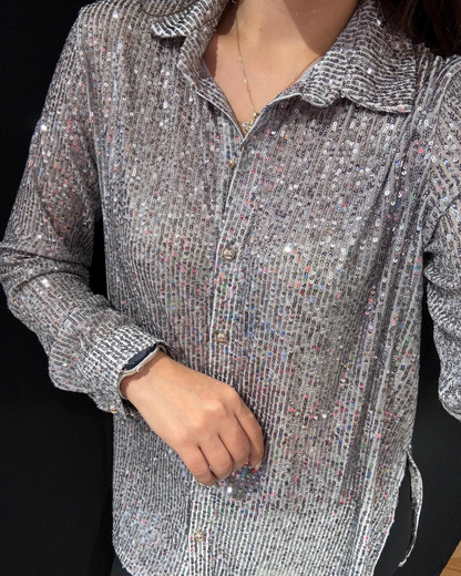 Camisa Casual de Manga Comprida com Lantejoulas e Gola Virada para Baixo