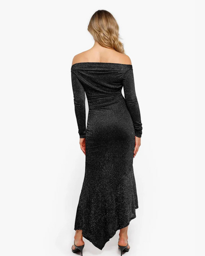 Vestido de Festa Justo com Efeito Cintilante e Mangas Compridas