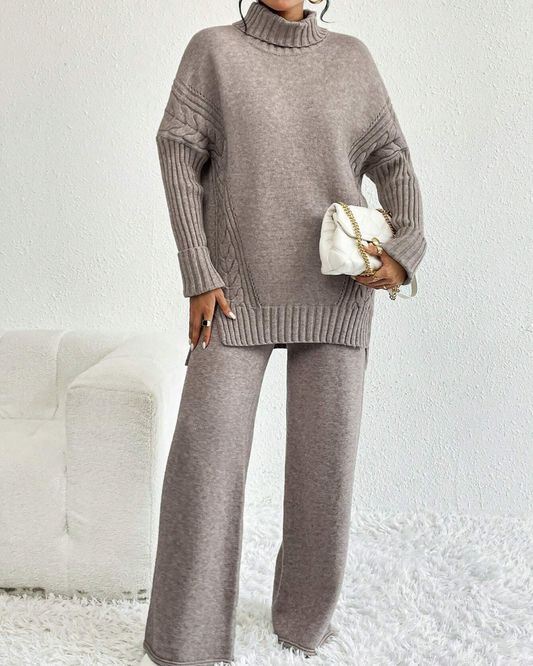 Conjunto Elegante de Duas Peças: Suéter Texturizado com Fenda e Bainha + Calças de Malha de Perna Larga
