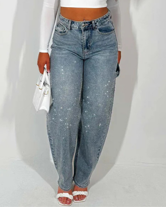 Calças de Ganga Largas com Pormenores de Diamantes e Estilo Cargo