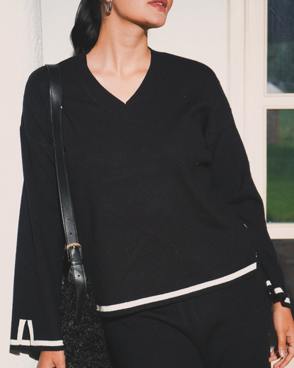 Conjunto de Calças de Malha Macia com Decote em V para Mulher