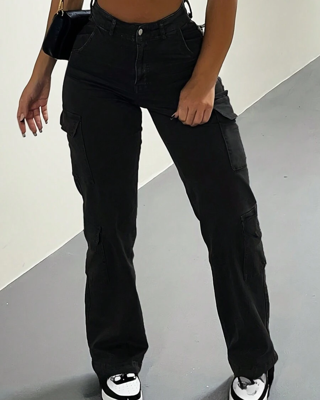 Calças de Cintura Alta Cargo para Mulher com Vários Bolsos