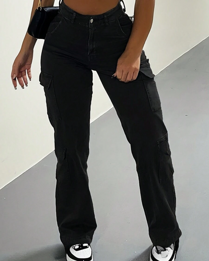 Calças de Cintura Alta Cargo para Mulher com Vários Bolsos