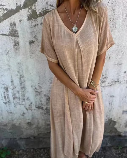 Vestido midi com decote em V em algodão e linho