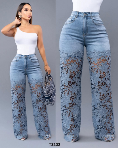 Calças de ganga para mulher com renda floral nas pernas