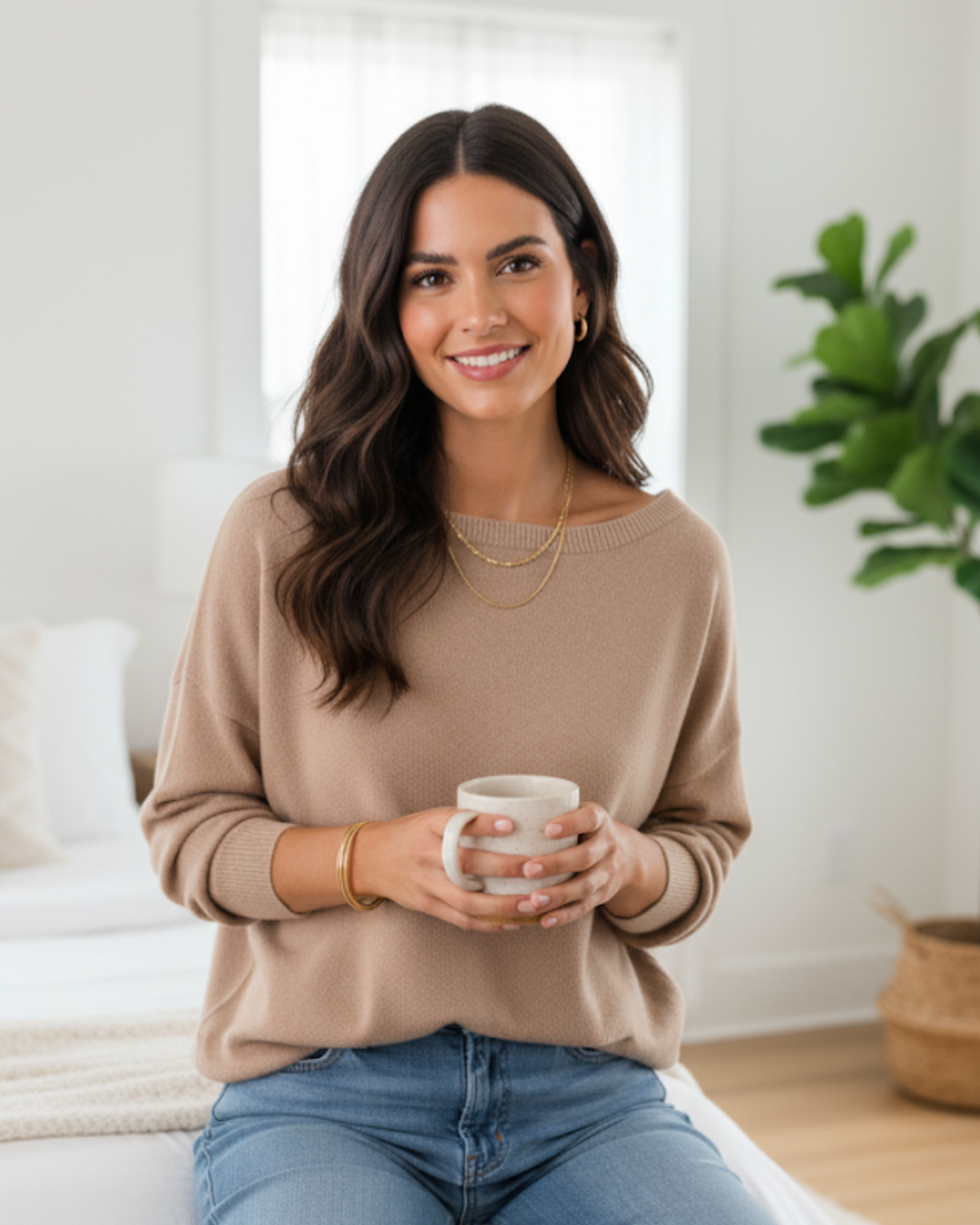 Camisola de gola redonda larga para mulher