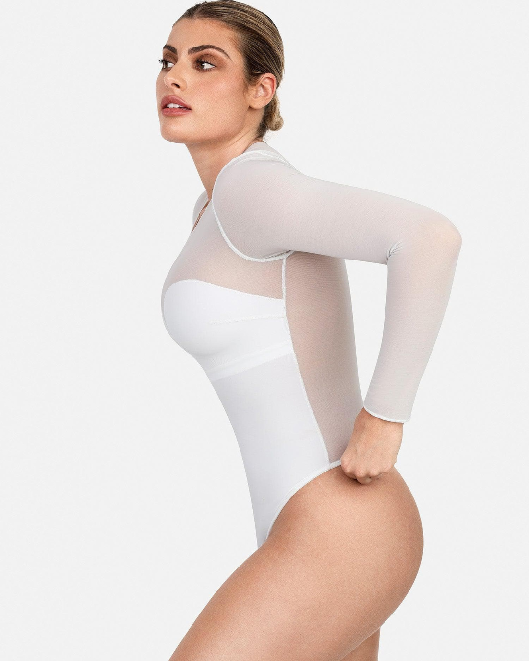 Modelador de Corpo Ilusão em Malha com Mangas Compridas para Controlar a Barriga