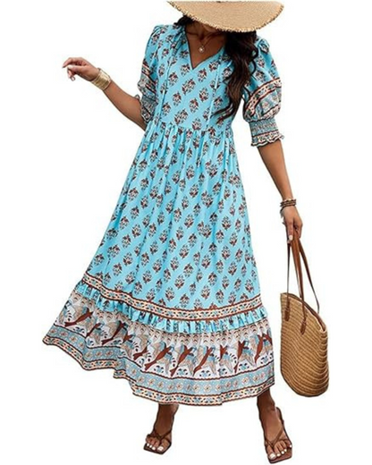 Vestido comprido e solto com mangas e decote em V