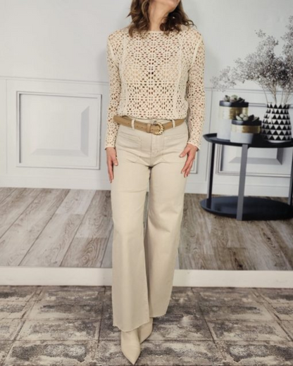 Camisola de Crochet Bege com Mangas Compridas