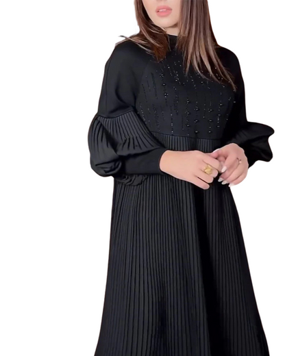 Vestido Elegante com Mangas Bufantes e Detalhes Plissados