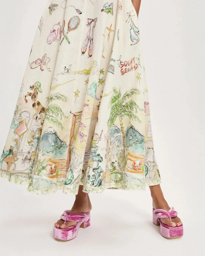 Vestido comprido com folhos e pormenor de laço com estampado de ballet