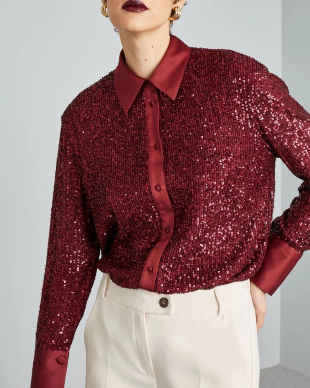 Camisa de Festa com Gola e Lantejoulas Brilhantes para Mulher